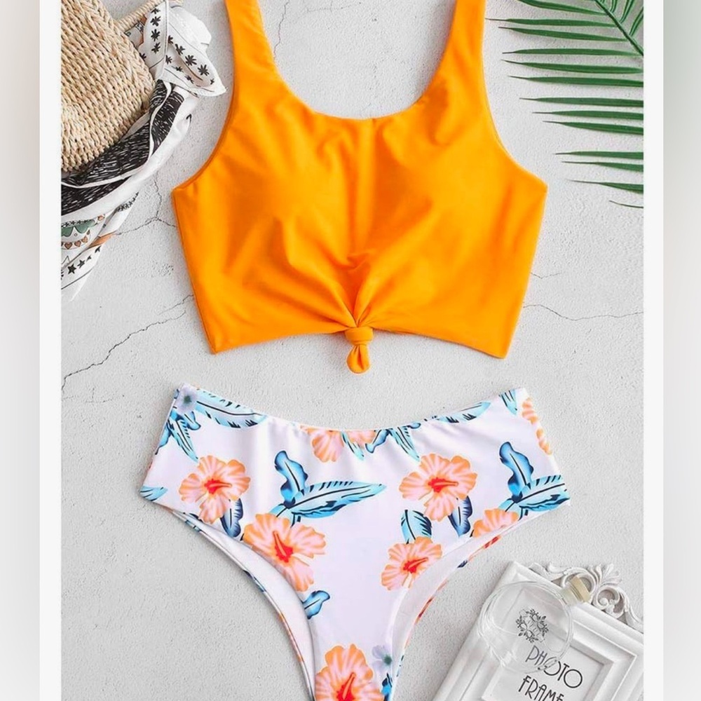 ZAFUL Women's High Waisted Scoop Neck Knotted Two Pieces Tankini Set Swimsuit